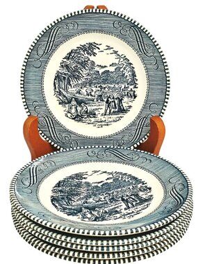 6 Currier Ives Blue Harvest Bread Plate 5.75" dessert Royal USA transferware iro